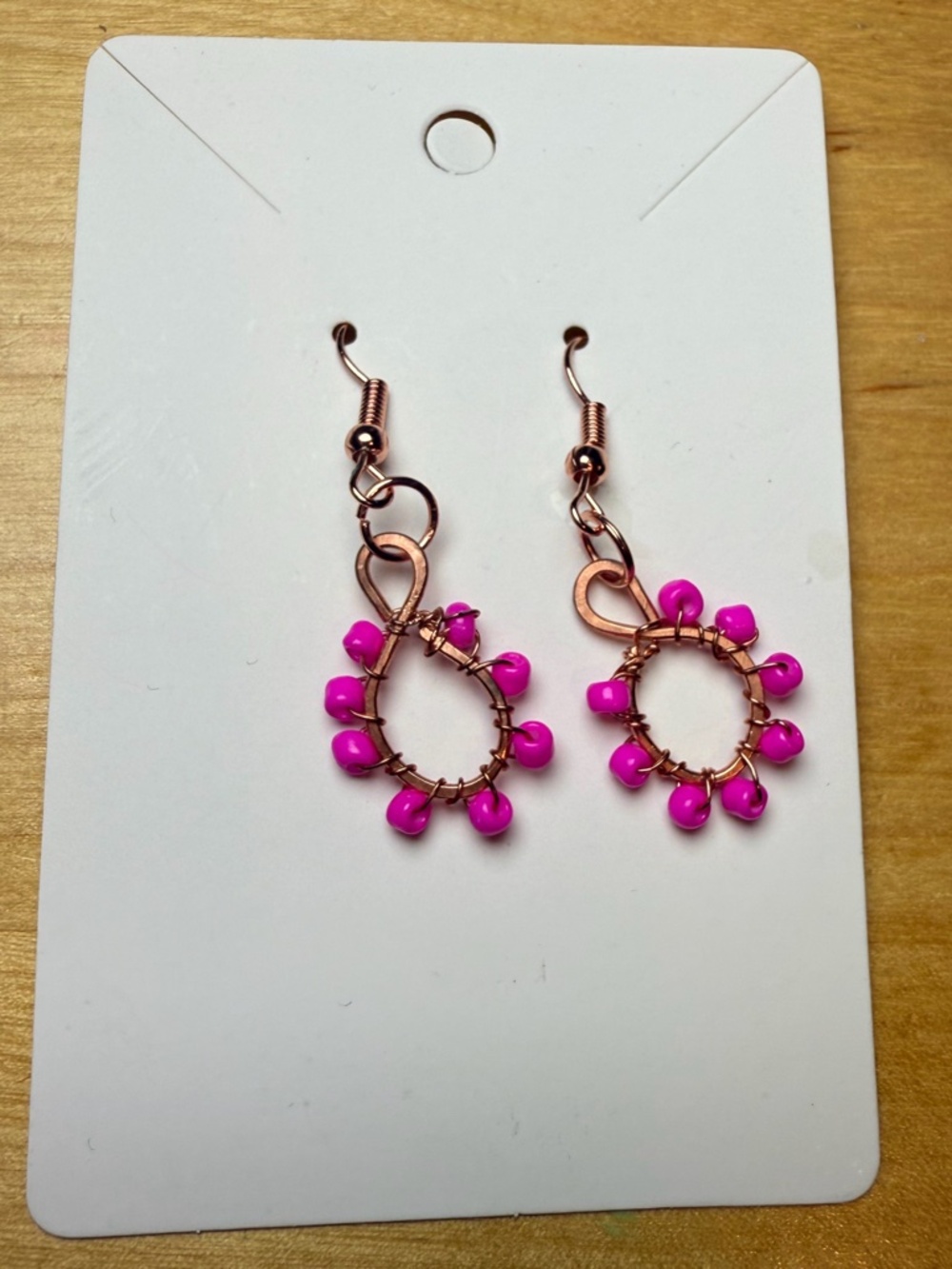 Fuchsia Hot Pink Seed Bead Flower on Copper Earrings